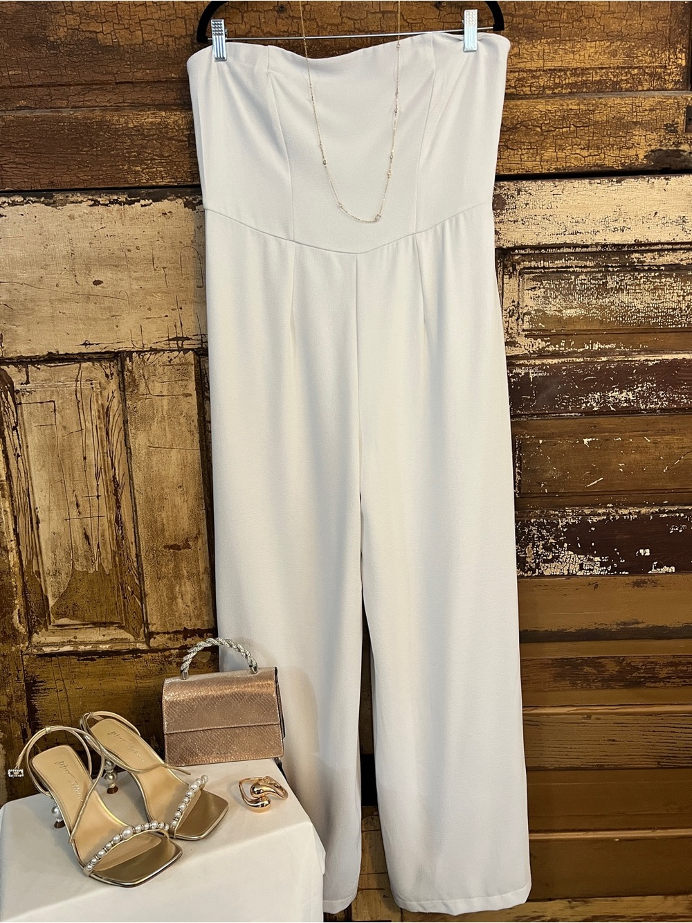 White Strapless Wide Leg Jumpsuit | Size L | NWOT | Bridal Vacation Resort